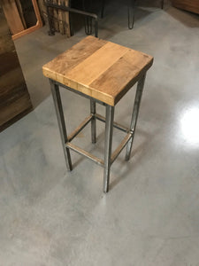 Reclaimed wood top and high steel base stool