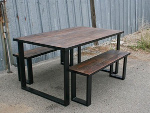 Solid Oak Wood Dining Table, Tube Steel legs, Rectangular and Two Long Benches