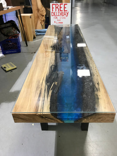 Blue and Black Epoxy Resin Custom Coffee Table with Glass Top