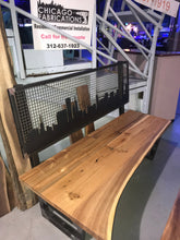 Live Edge Oak Wood Top Steel Bench with Chicago Skyline Laser cut